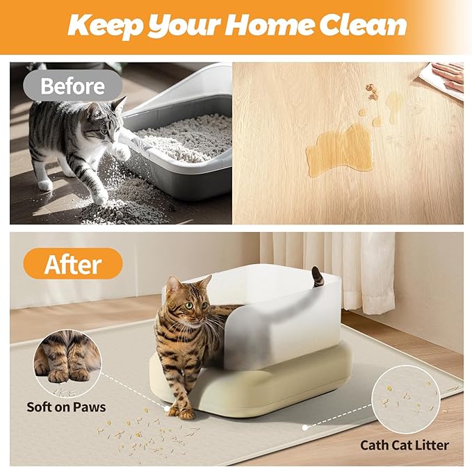 Cat Litter Mat, Extra Large 51" x 25.6" Silicone Mat Litter Trapping Mat for Scatter Control, Soft on Kitty Paws, Easy to Clean (Beige)