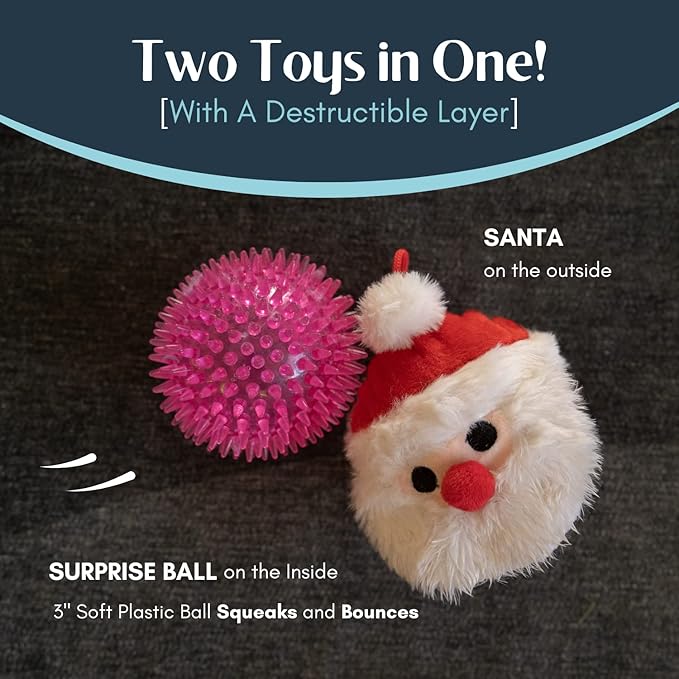 Flourish Pets 2 in 1 Christmas Multi-Layer Chew Toy for Active Dogs | Non-Toxic BPA Free Double Stitched Soft Fabric and Long-Lasting Dog Plush Toys (Santa 3.5")