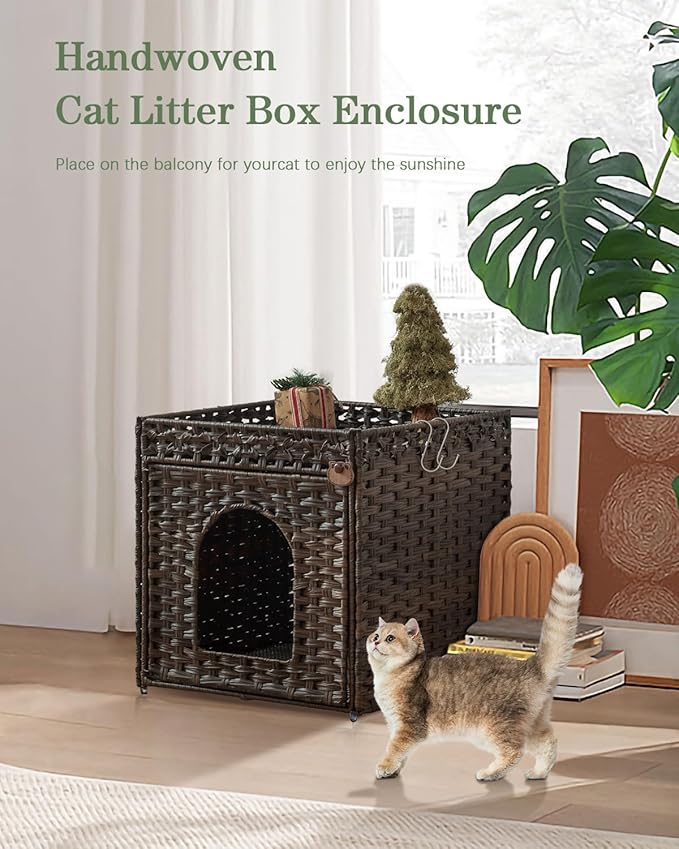 Cat Litter Box Enclosure Furniture, Hidden Litter Box with Mat and Fence, Handwoven Rattan Cat House with Two S-Shaped Hooks for Living Room, Bedroom, 18.5 x 20.5 x 19.1 Inches (Brown)
