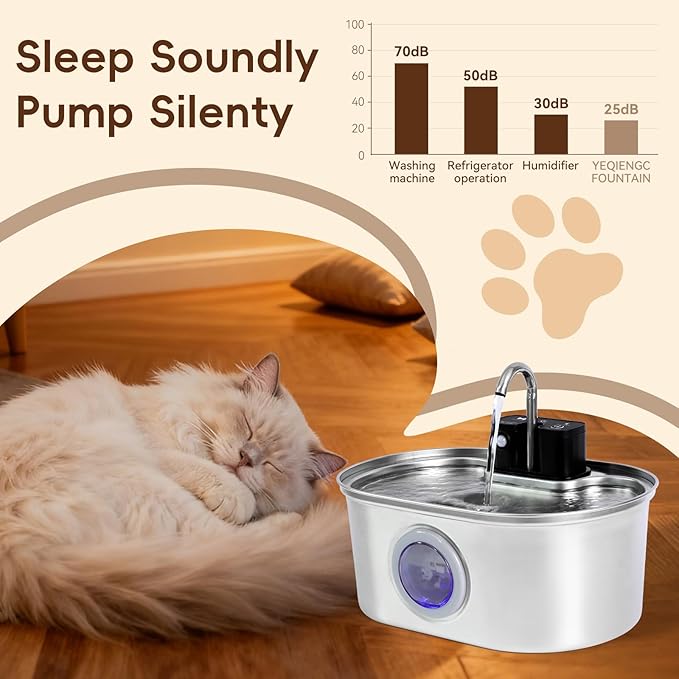 Cat Water Fountain Stainless Steel Wireless,4000mAh 30-Day Battery & Motion Sensor,108oz/3.2L Large Capacity,3-Stage Filtration, Ultra Quiet