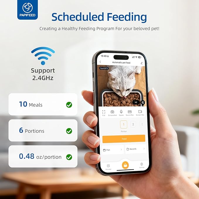 PAPIFEED Automatic Cat Feeder 6L 2.4G WiFi Smart Pet Feeder with Camera & Two-Way Audio, Adjustable Angle, Easy to Clean Detachable Feeding Schedule 1-10 Meals Per Day for Cats & Small Dogs - Black