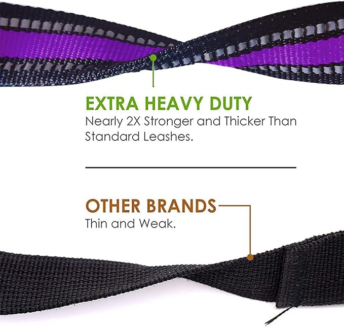 JSXD Heavy Duty Double Handle Dog Leash - 5 FT with Comfortable Padded and Reflective Rope, for Small to Large Dogs (Wide-Purple)