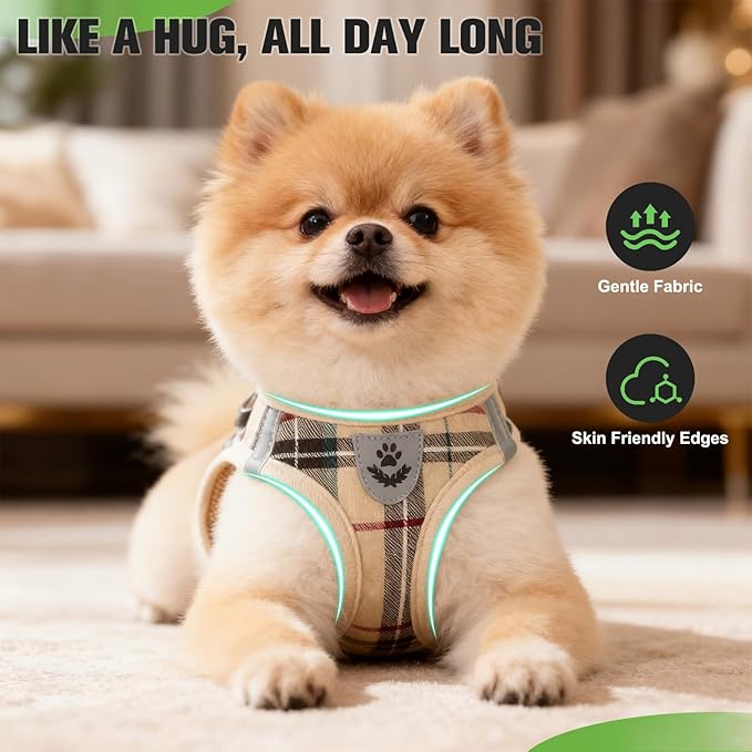 EXPAWLORER Plaid Small Dog Harness and Leash Set with AirTag Holder - Soft Padded Step in Dog Vest Harness Medium Sized Dog, No Pull Reflective Puppy Harness, Collar and Leash for Walking, Khaki XS