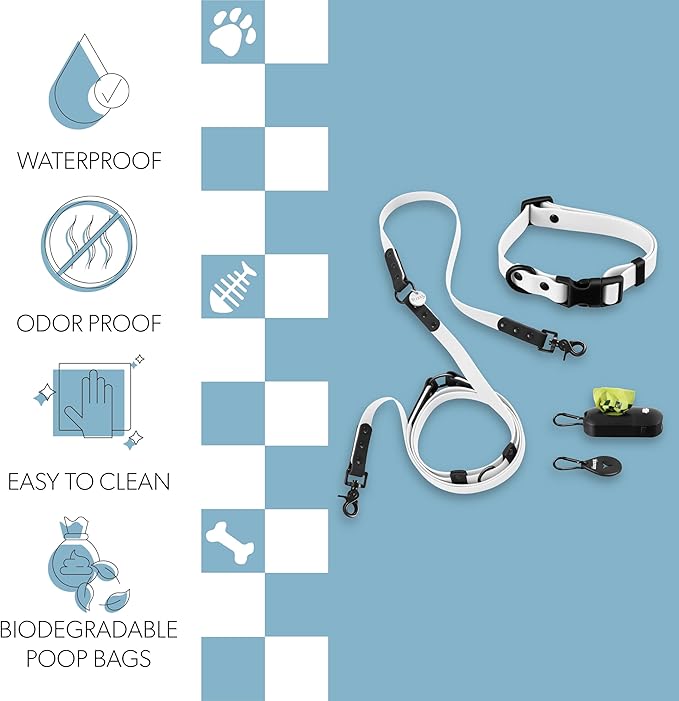 WLK1004F-5SET Luna Small 8FT Adjustable 6-in-1 Waterproof Hands-Free Leash and Collar with LED Flashlight, Bag Dispenser, and Poop Bag Holder, Seltzer