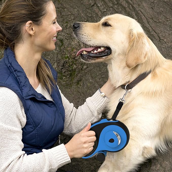 26Ft Retractable Dog Leash - for Dog Up to 110lbs, Tangle Free Walking Leash with Chew Proof Cable | LED Light | Dispenser | Poop Bags, Quick Lock Braking & Non-Slip Handle (Blue)