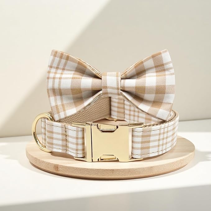 PETDURO Personalized Dog Collar Light Brown Plaid for Large Medium Dogs | Engraved Name and Phone Number on Gold Metal Buckle for Boys & Girls | Add Leash & Bow Tie via Customize Now