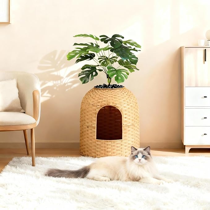 Cat Litter Box Hidden Planter Enclosure, Handwoven PE Rattan Cat Bed Cave House, Wicker Cats Toilet Furniture for Indoor Corner Living Room Bedroom Balcony
