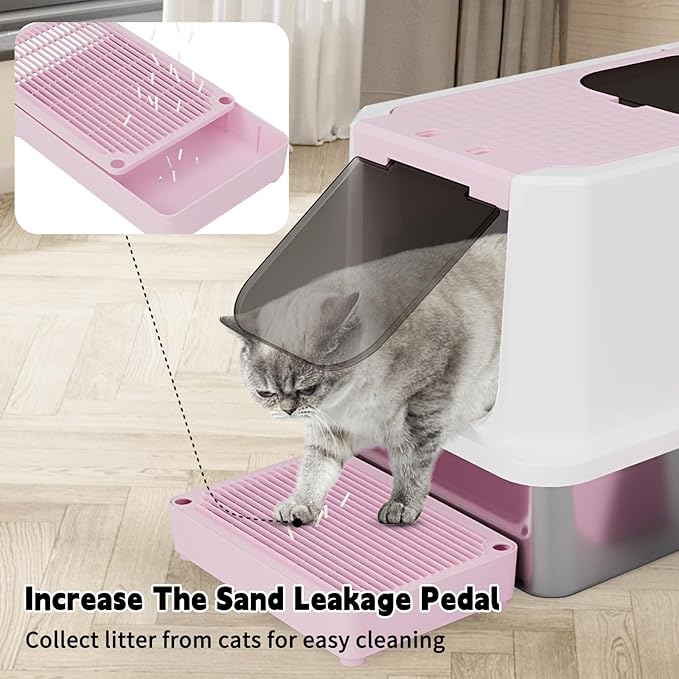 RIZZARI Enclosed Cat Litter Box: Large Top & Front Entry with Odor Control - Stainless Steel with Teflon Non-Stick Coating - High-Sided Pink Litter Pan for Multi-Cat Homes - for Apartments Hallways