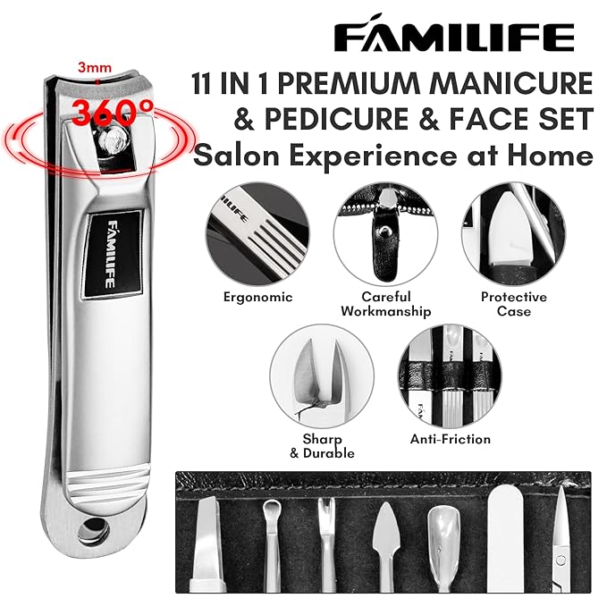 Manicure Kit, FAMILIFE Professional Manicure Set Nail Kit, 11 in 1 Stainless Steel Nail Clippers Set, with Portable Black Leather Travel Case Luxury Gifts for Him