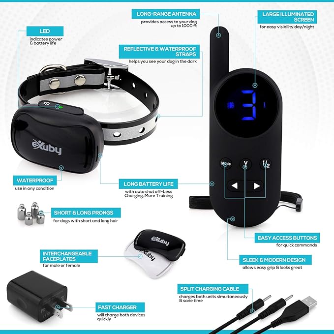 eXuby - Tiny Shock Collar for Small Dogs 5-15lbs - Smallest Collar on The Market - Sound, Vibration, & Shock - 9 Intensity Levels - Pocket-Size Remote - Long Battery Life - Water-Resistant - Black