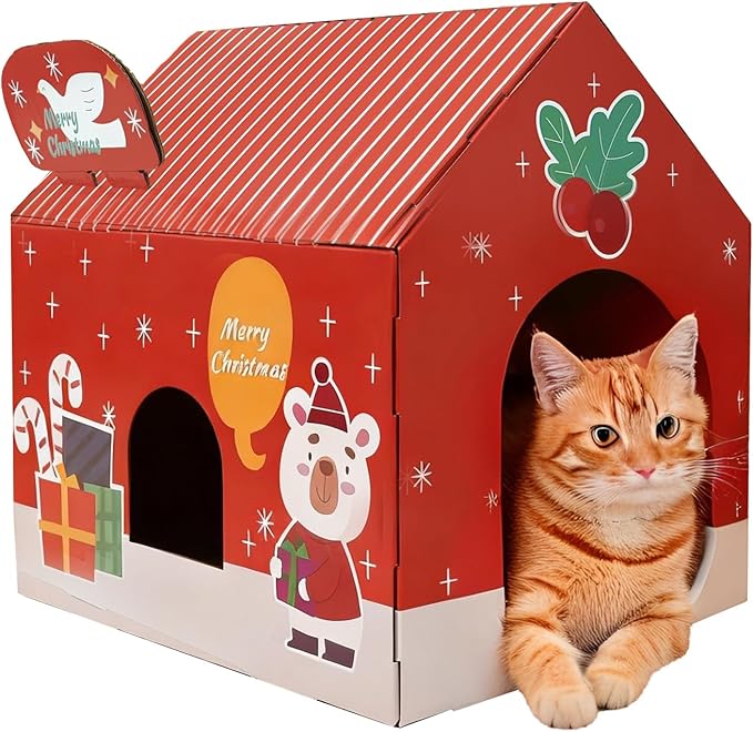 Christmas Cardboard Cat House with Scratching Pad (15"x12"x15") Christmas Decorations Scratching Pad for Kitty Cat Play House for Indoor Cats Christmas Red
