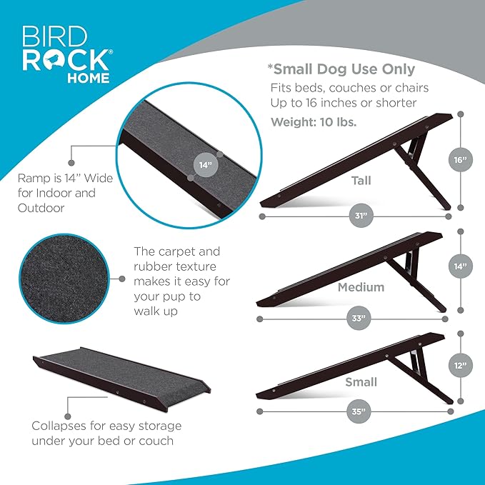BIRDROCK HOME Adjustable Pet Ramp for Small Dogs, Cats, Puppies - Foldable Wooden Dog Ramp for Couch, Bed, Car - Indoor or Outdoor- Safe, Portable, Non-Slip Carpet - 16", Espresso