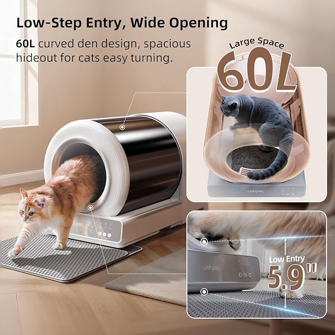 uahpet Stainless Steel Self Cleaning Cat Litter Box, Automatic Cat Litter Box with APP Control, Lower Entry, Safety Sensors Includes Mat & Trash Bags