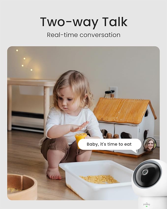 youkey Indoor Camera 2.5K, No Monthly Fees, Pan & Tilt, 360° Dog/Pet Camera for Home Security, 2.4/ 5GHz WiFi 6, Bluetooth Pairing, Human/Pet/Baby Crying Detection, Two-Way Audio, Night Vision
