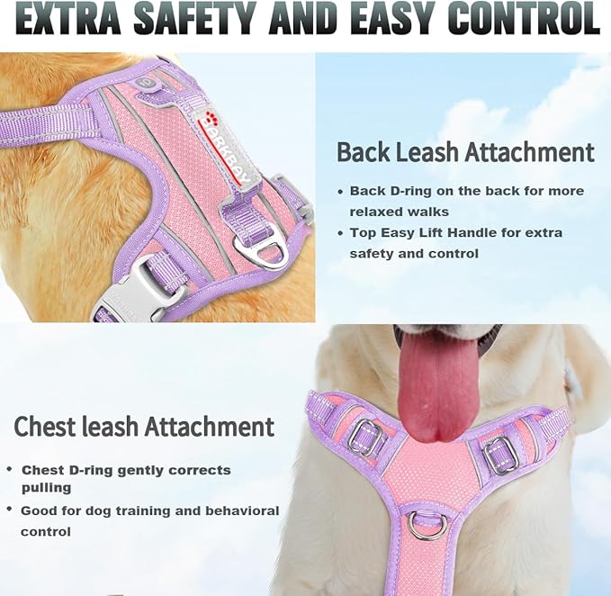 BARKBAY No Pull Dog Harness Large Reflective Dog Harness with Front Clip and Easy Control Handle for Walking Training Running with ID tag Pocket(Baby Pink & Violet Purple,S)