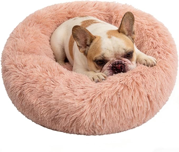 Calming Donut Dog Bed Medium Size Dog - Washable Removable Cover Non-Slip Bottom, Round Pet Bed Cat Bed Warming Fluffy Plush Faux Fur Anti-Anxiety, Fits up to 45 lbs (Blush, 30")