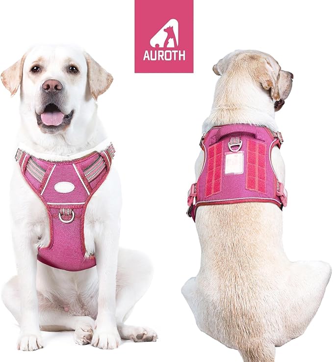 Auroth Tactical Dog Harness for Large Dogs No Pull Adjustable Pet Harness Reflective K9 Working Training Easy Control Pet Vest Military Service Dog Harnesses Rose Red L