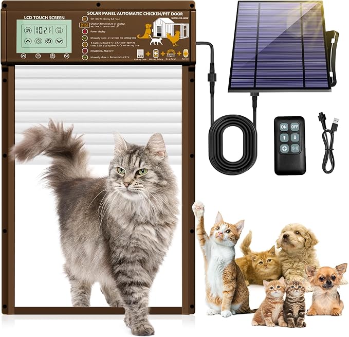 Solar Automatic Cat Door, 5 Smart Modes (Radar, Timer, Light Sensor, Remote, Manual), Aluminum Pet Door for Interior Exterior Doors, Solar Powered or USB Plug-in, Cats (Brown)
