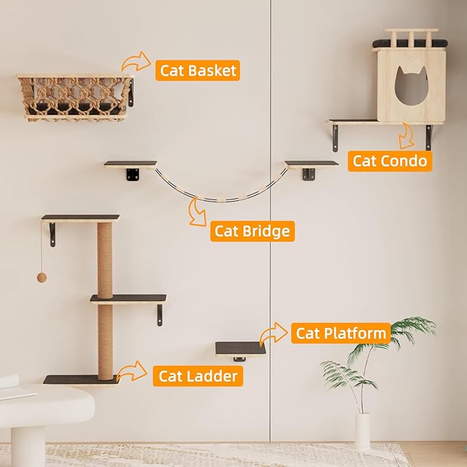 5-in-1 Cat Wall Shelves Set with Hammock, Wall-Mounted Cat Furniture Includes Condo, Bridge, Ladder & Steps for Indoor Cats, Safe & Stable (Gray)