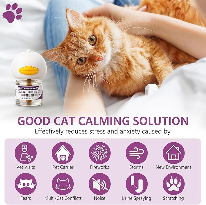 Cat Calming Diffuser, Cat Pheromones Calming Diffuser, Pheromone Dffuser to Calm Cats, Cat Calming Diffuser with 2 Diffuser + 4 Refill,120 Days for Cats Relief Stress Anxiety (Purple)