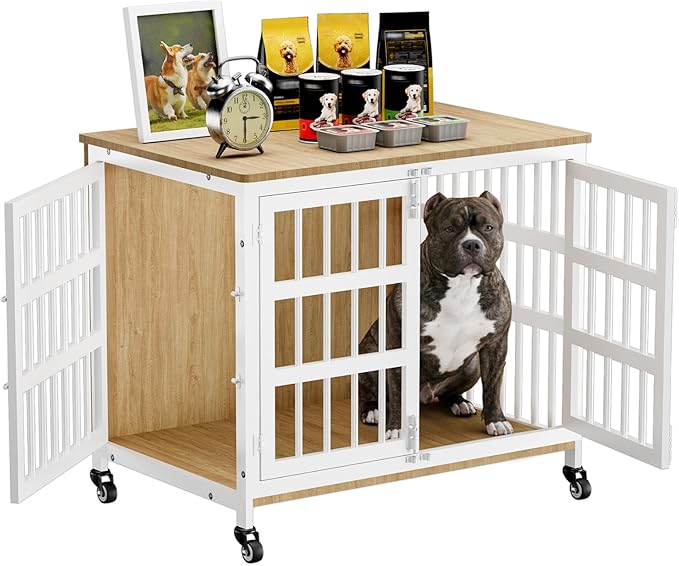 33" Dog Crate Furniture for Medium & Small Dogs with Wheels, Heavy Duty Dog Cage, Indoor Puppy Crate, Wooden Dog Kennel Table, 32.6"L x 22.8"W x 25.8"H, Decorate House as End Table — Natural and White