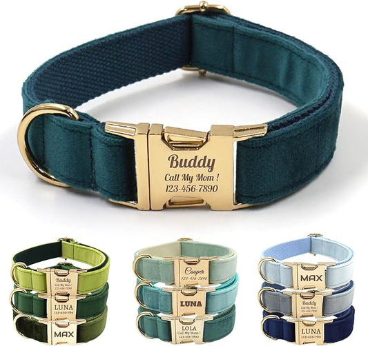 Velvet Personalized Dog Collar with Name - Customizable Dog Collar with Quick Release Metal Buckle - Leash and Bow Tie Available (Teal, XS)