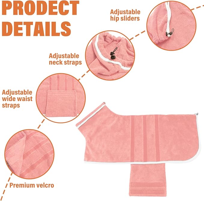 Dog Robe - Fast Drying Towel - Microfiber Super Absorbent Pet Bathrobe, Adjustable Collar & Belly Strap (Pink, Medium)