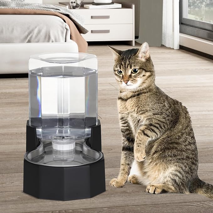 Sfozstra Gravity Water Bowl Dispenser : Automatic 5L Black Cat Stainless Steel Feeder with Specialized Brush - for Dogs with Joint Problems - Suitable in Garage Bedroom