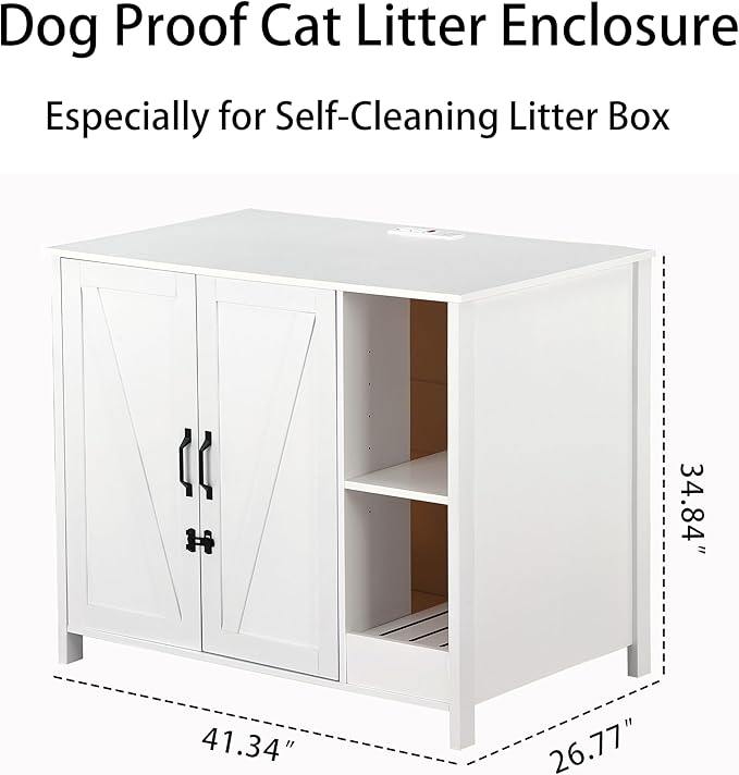 Large Cat Litter Enclosure with Litter Collector, Enclosure for self-Cleaning Litter Boxes,Adjustable Shelf for Dog Proof,Charging Station,Locks Added for cat,Cat House,Cloud White