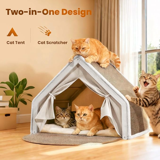 Cat Houses for Indoor Cats - Large Cat Bed Cave with Natural Sisal Cat Scratcher Mat, Solid Wood Frame Cat House with Curtains and Cat Floor Scratching Pad Rug, Protect Couch and Carpets (Nature, M)