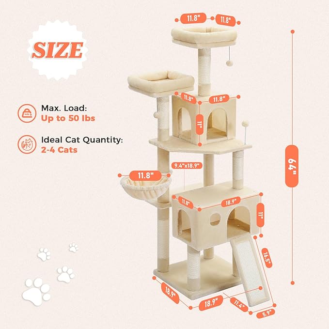 64-Inch Large Cat Tree for Indoor Cats, Multi-Level Tall Cat Tower with 2 Soft Top Perches, 2 Caves, 5 Sisal Scratching Posts, 2-in-1 Scratching Ramp, 1 Hammock & 3 Pompoms, Beige