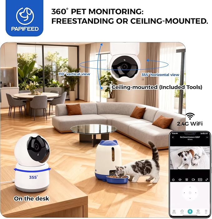 PAPIFEED 3L Automatic Cat Feeder and External Camera, 2.4G WiFi Auto Pet Feeder with App Control and Dual Power Supply, 1080P HD Video with Enhanced IR Night Vision, Two-Way Voice Call Camera, Blue