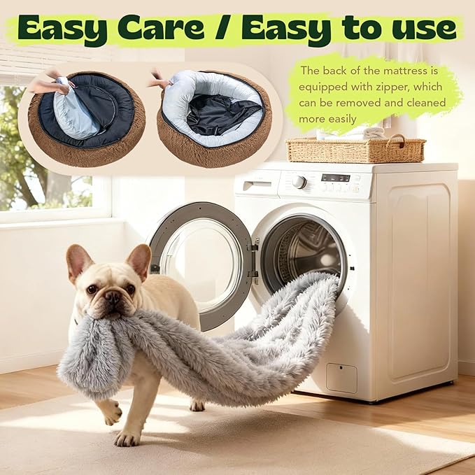 Orthopaedic Round Dog Beds for Large Dogs Washable with Removable Cover,Extra Comfort Calming Foam Cooling Gel Pet Bed with Waterproof Plush Cushion,Fluffy Anti Anxiety Cuddler for Sleep 36 Inch,Grey