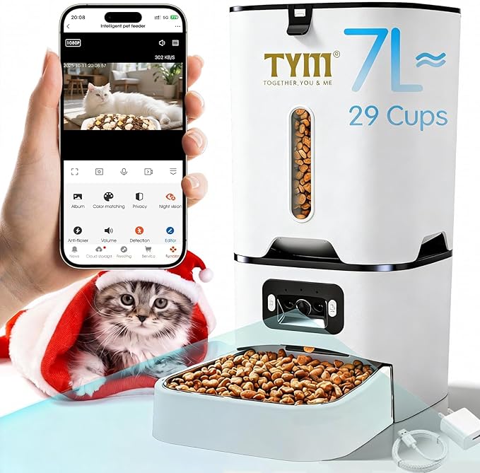 TYM Automatic Cat Feeder with Camera, 5G WiFi Timed Automatic Dog Feeder with APP Control, 7L Remote Feeding Auto Cat Food Dispenser, Reliable, Easy Cleaning, Keeps Food Fresh