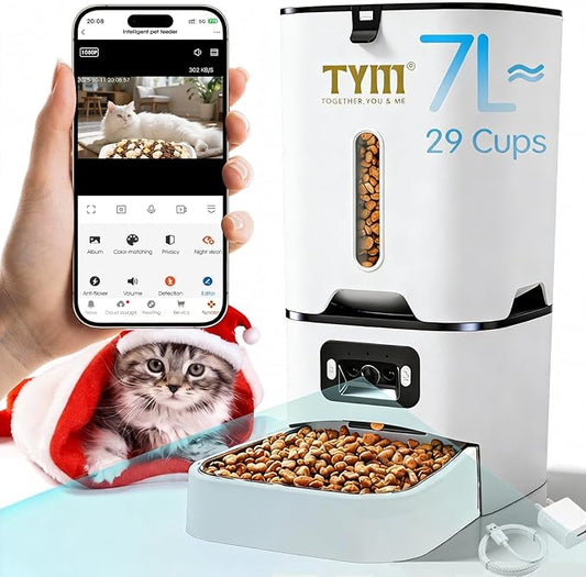 TYM Automatic Cat Feeder with Camera, 5G WiFi Timed Automatic Dog Feeder with APP Control, 7L Remote Feeding Auto Cat Food Dispenser, Reliable, Easy Cleaning, Keeps Food Fresh