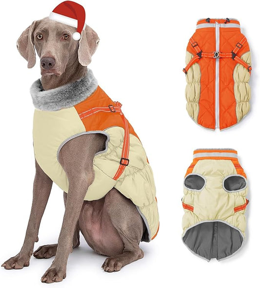 Dog Winter Coat with Harness, Dog Jacket, Pet Clothes with Zipper on Back, Waterproof Windproof Warm Vest, Reflective Cold Weather Coats, for Small Medium Large Dogs, Thick, Orange, 2XL