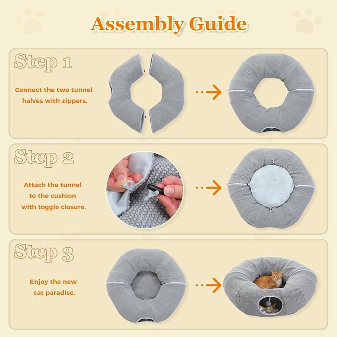 PEQULTI Cat Donut Tunnel with Bed for Indoor Cats, Cat Play Tunnel with Washable Soft Plush Mat, Round Tube Toys Cute Tube for Kittens, Puppies, Rabbits and Ferrets, Grey