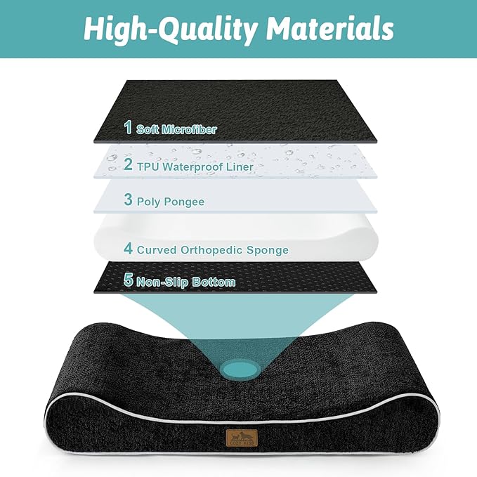 Orthopedic Dog Bed for Large Dogs up to 90 lbs - Removable Washable Cover with Waterproof Lining & Non-Skid Bottom, Cotton-Polyester Blend Boat-Shaped Lounger Mattress, L(45x30x6in), Black