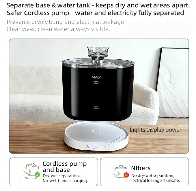 Cordless Cat Water Fountain for Drinking, 5000mah Battery Operated Pet Dog Water Fountain, 74oz/2.2L Automatic Cat Water Dispenser for Cats Dog Indoor Outdoor