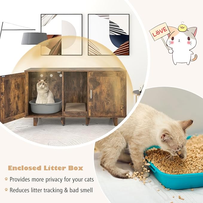 Tangkula Double Cat Litter Box Enclosure for 2 Cats, Large Stackable Hidden Privacy Washroom Cabinet, Indoor House TV Stand With Scratching Board, Litter Box Furniture (Rustic Brown)