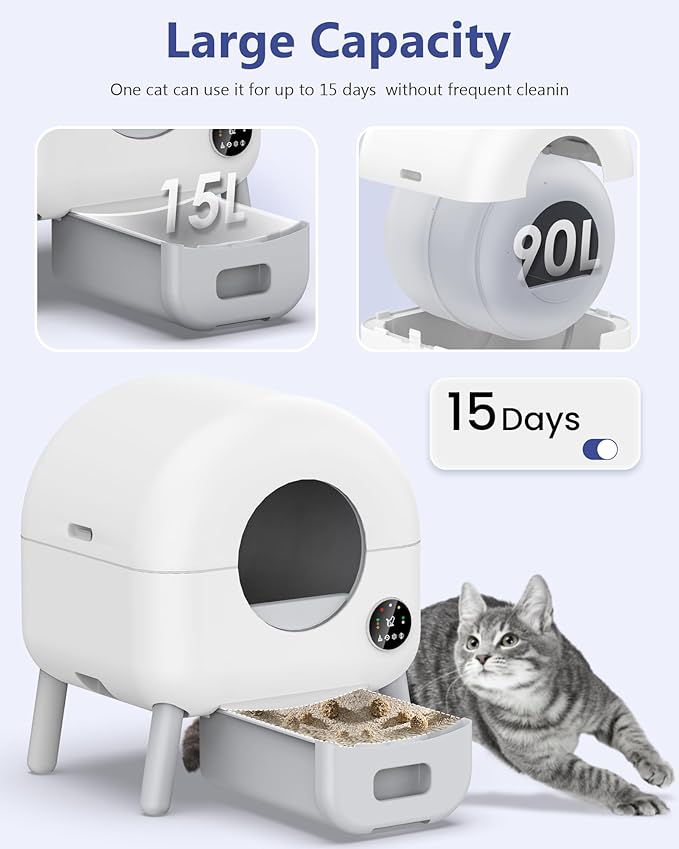 Self Cleaning Litter Box, Automatic Litter Box for Multiple Cats, Dual Safety Protection, APP Control, 1 Roll Garbage Bags and Mat