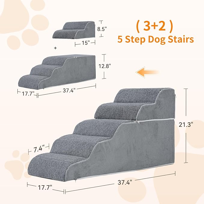 5-Steps Dog Stairs for High Bed and Couch 21.3" H, Wider Pet Stairs for Small Old Large Cats, 30° Steady Non-Slip Dog Steps Ramp with Removable Cover, PE Boards