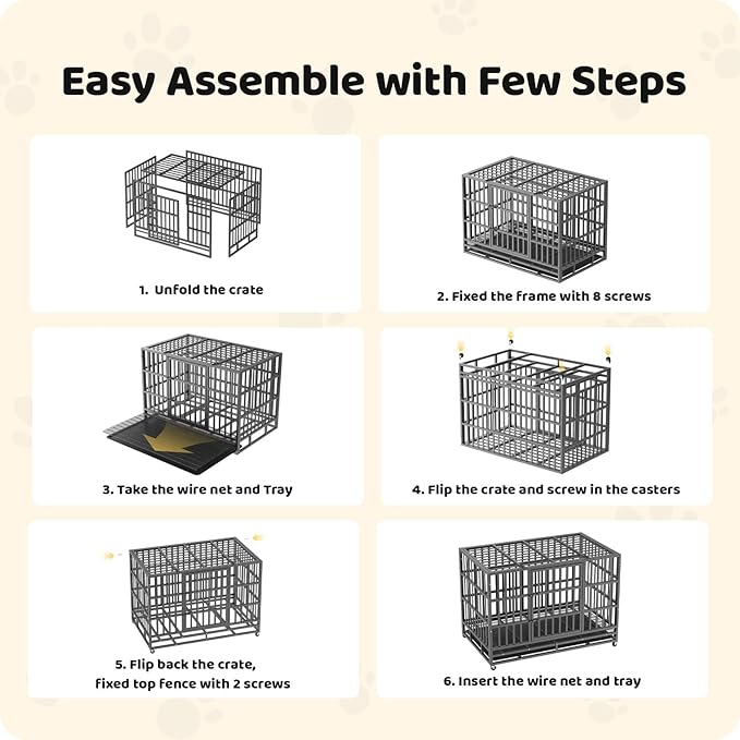 Heavy Duty Dog Crate, 54 Inch Dog Kennel Indoor with Removable Tray for High Anxiety Dogs, Indestructible Dog Crate Escape-Proof with Wheels for Small, Medium, Large, XL, XXL Dogs