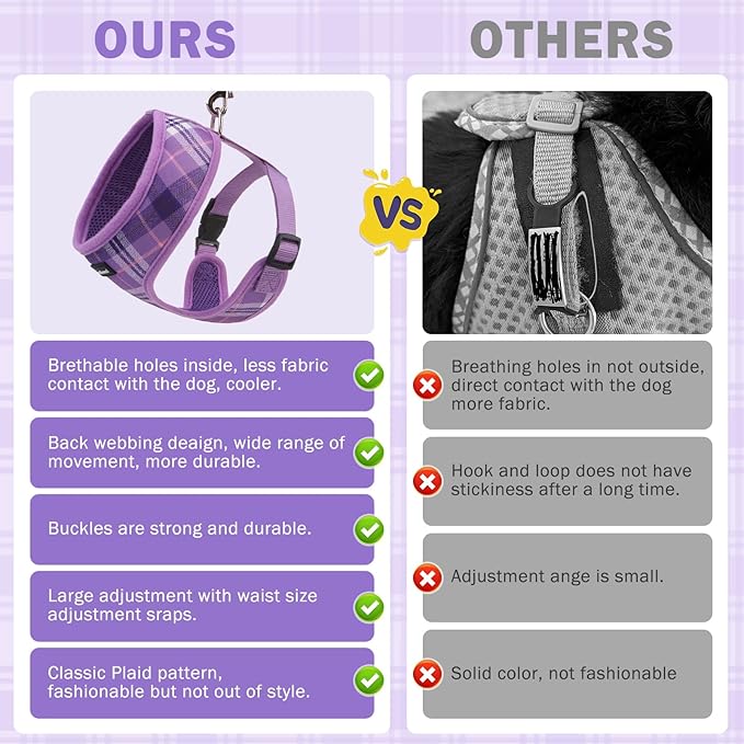 SCENEREAL No Pull Dog Harness Collar and Leash Set Small Medium Sized Dog, Soft Mesh Step in Puppy Harnesses, No Chock Plaid Adjustable Pet Vest for Outdoor Walking Training and Running, Purple S