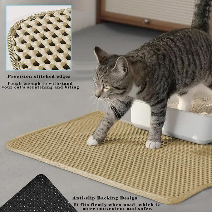 HCY&WLD Cat Litter Mat, Honeycomb Double Layer Cat Litter Trapping Mat, Waterproof Urine Proof Non-Slip, Scatter Control, Less Waste, Easier to Clean (Beige, 24" X 18")