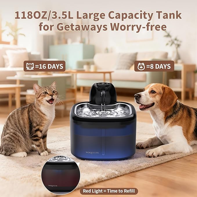 Cat Water Fountain Cordless Stainless Steel 118oz/3.5L Wireless & Ultra Quiet (≤25dB) with Sensor/Timer Mode, Battery Operated Pet Fountain for Indoor Use, Automatic Pet Water Dispenser