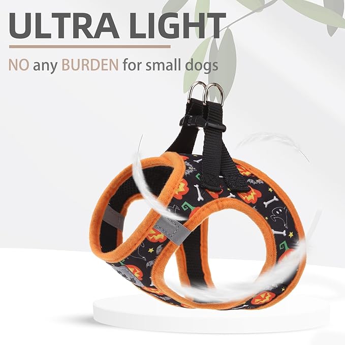 PUPTECK Adjustable Dog Harness Collar and Leash Set Step in No Pull Pet Harness for Small Medium Dogs Puppy and Cats Outdoor Walking Running, Soft Mesh Padded Reflective Vest Harnesses, Halloween, L