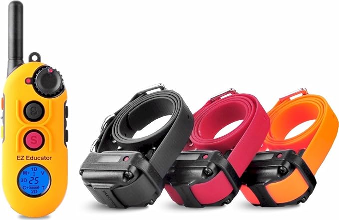 Educator EZ 1/2 Mile Dog Training Collar with Ergonomic Remote, Safe Humane Vibration Stimulation, Pavlovian Tone, Waterproof, Odorproof Biothane Collar, Night Light, Rechargeable, 3 Dog, Yellow