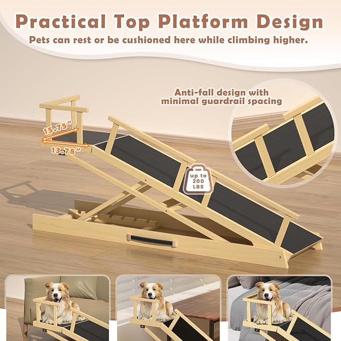 65" Foldable Dog Ramp for Bed, 6 Level（13"-32"） Heavy Duty Adjustable Dog Ramp for Car Pet Ramp with EVA Non-Slip Surface, Rest Platform & Glow Strips for Large Dogs up to 200Lbs (Wood Color)