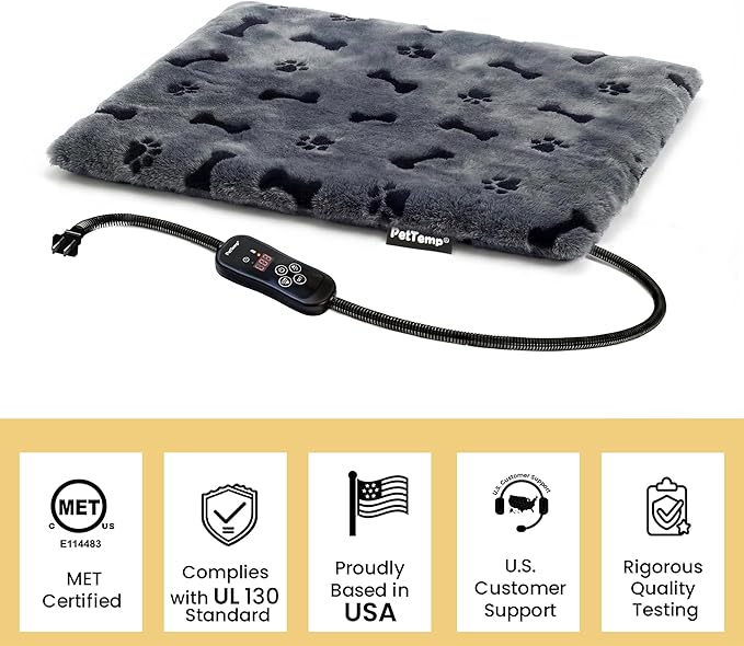 Pet Heating Pad for Cats Dogs, Heated Cat Dog Bed with 5 Temperature Levels, Timer, Auto Shut-Off, Thick Paw-Print Cover, Chew Resistant Cord for Indoor & Sheltered Outdoor Use (M: 20" x 16" x 1.3")
